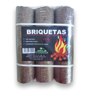 Distribución y venta de leña y carbón en Segovia y toda España - Leñas Ricosan - Briquetas de madera para calefacción, en paquete de 15 kg
